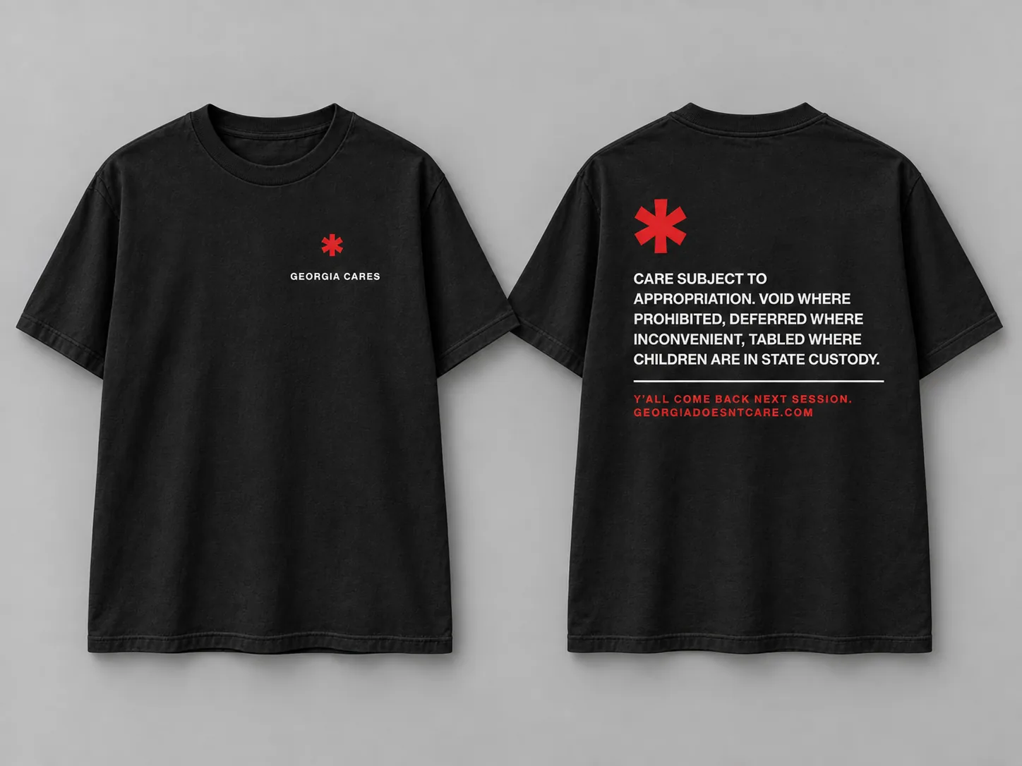 Black statement tee mockup shown front and back: a red asterisk with GEORGIA CARES on the chest and the statement print on the back.